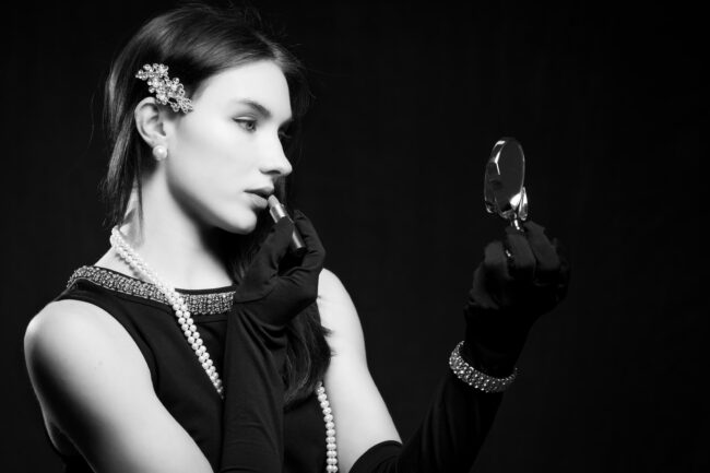 black and white studio portrait of a female model